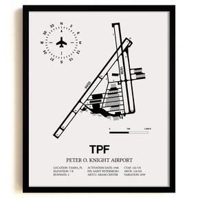 Framed Detailed Airport Map of Peter O. Knight Airport (TPF) in White with a Black Frame