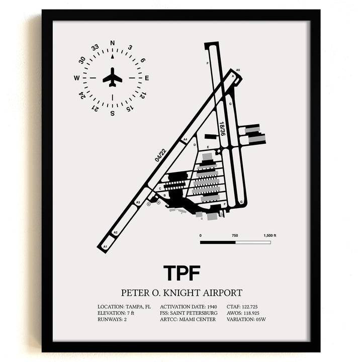 Framed Detailed Airport Map of Peter O. Knight Airport (TPF) in White with a Black Frame