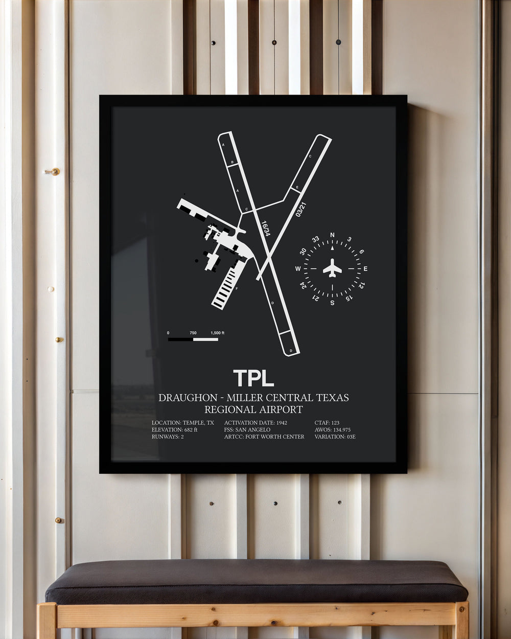 Framed Detailed Airport Map of Draughon-Miller Central Texas Regional Airport (TPL) in Gray with a Black Frame