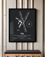 Framed Detailed Airport Map of Draughon-Miller Central Texas Regional Airport (TPL) in Gray with a Black Frame