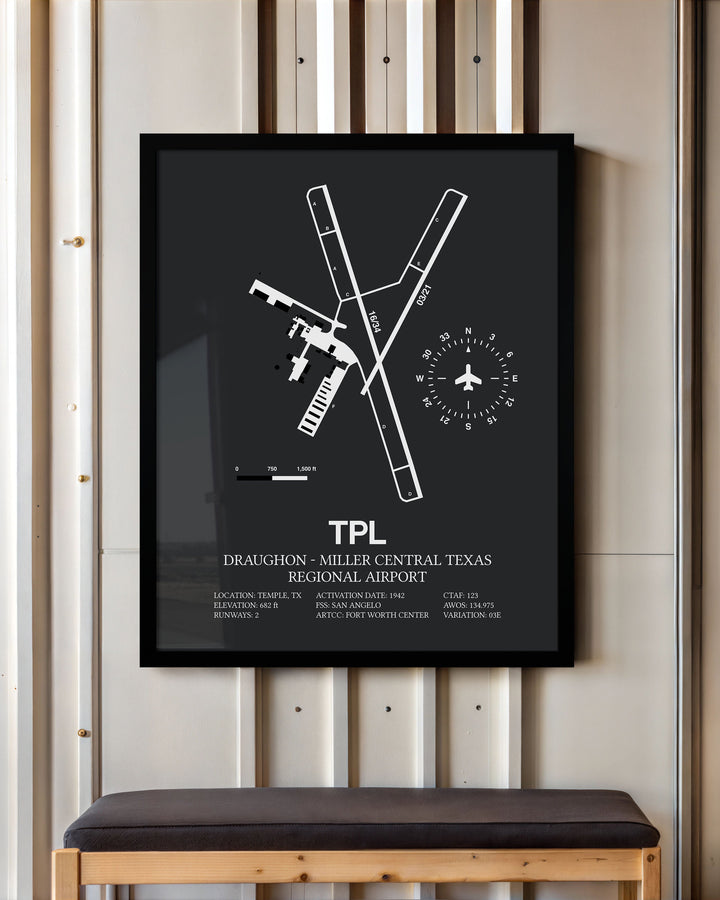 Framed Detailed Airport Map of Draughon-Miller Central Texas Regional Airport (TPL) in Gray with a Black Frame