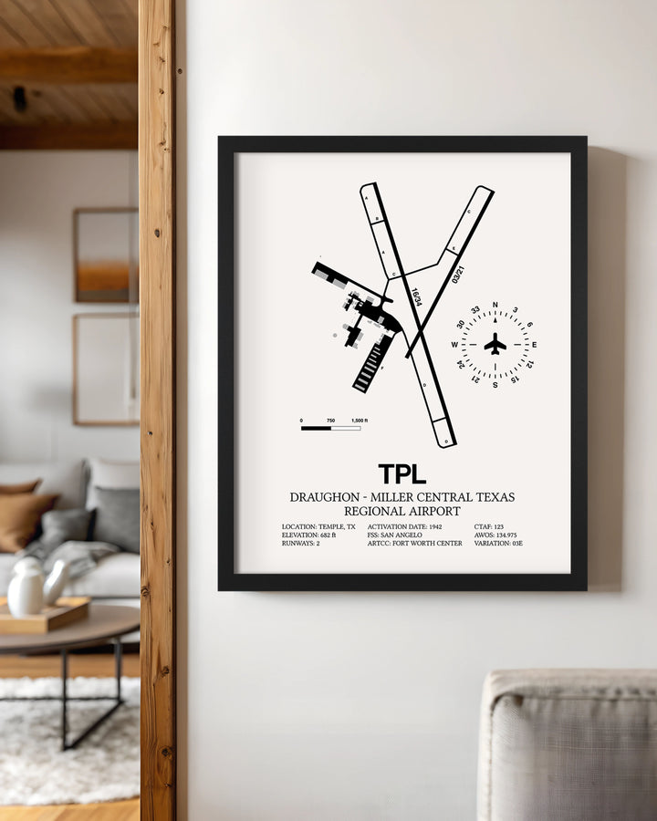 Framed Detailed Airport Map of Draughon-Miller Central Texas Regional Airport (TPL) in White with a Black Frame