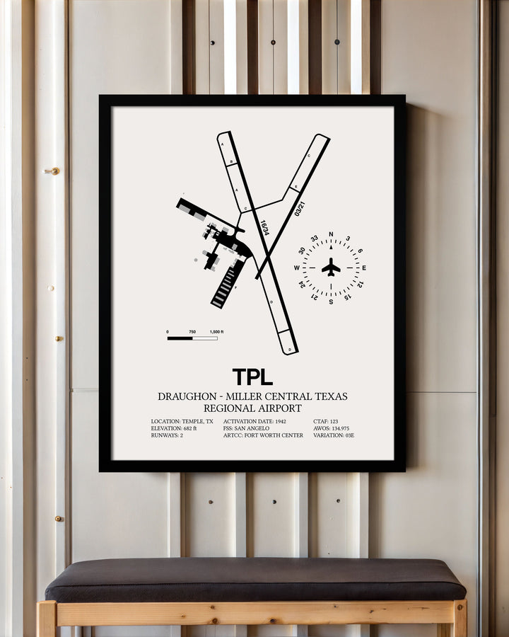 Framed Detailed Airport Map of Draughon-Miller Central Texas Regional Airport (TPL) in White with a Black Frame
