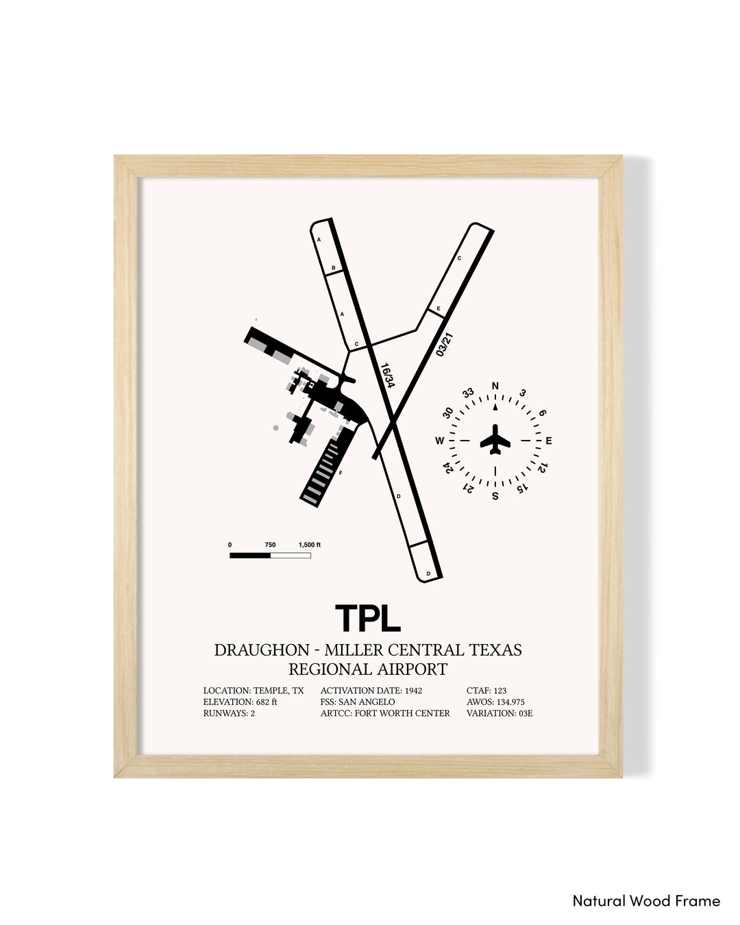 Detailed Airport Map of Draughon-Miller Central Texas Regional Airport (TPL) in White with a Natural Frame