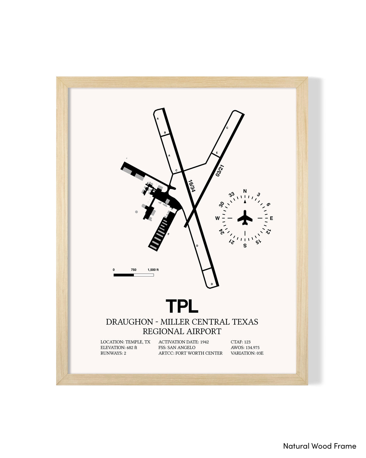 Detailed Airport Map of Draughon-Miller Central Texas Regional Airport (TPL) in White with a Natural Frame