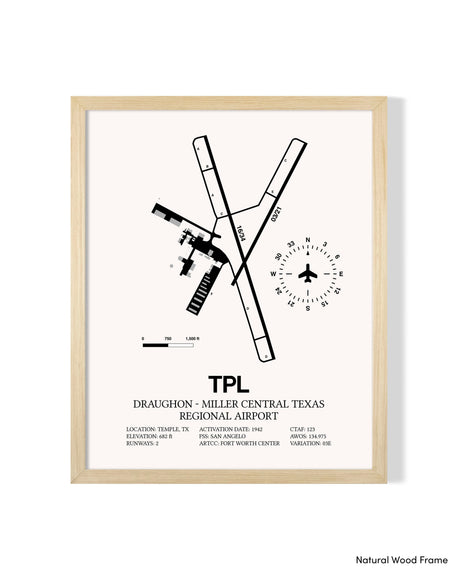 Detailed Airport Map of Draughon-Miller Central Texas Regional Airport (TPL) in White with a Natural Frame