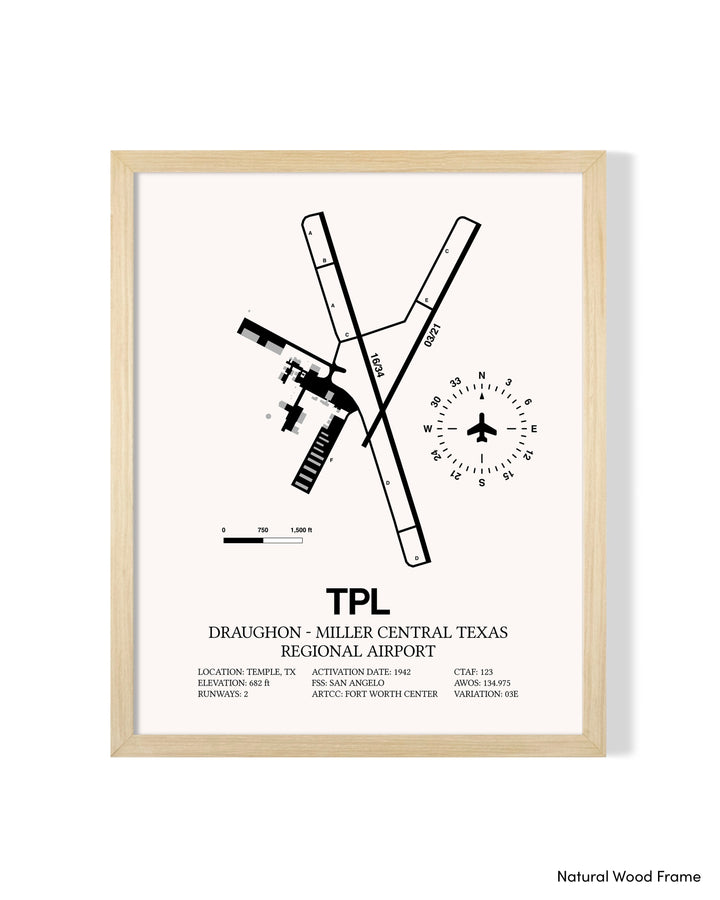 Detailed Airport Map of Draughon-Miller Central Texas Regional Airport (TPL) in White with a Natural Frame