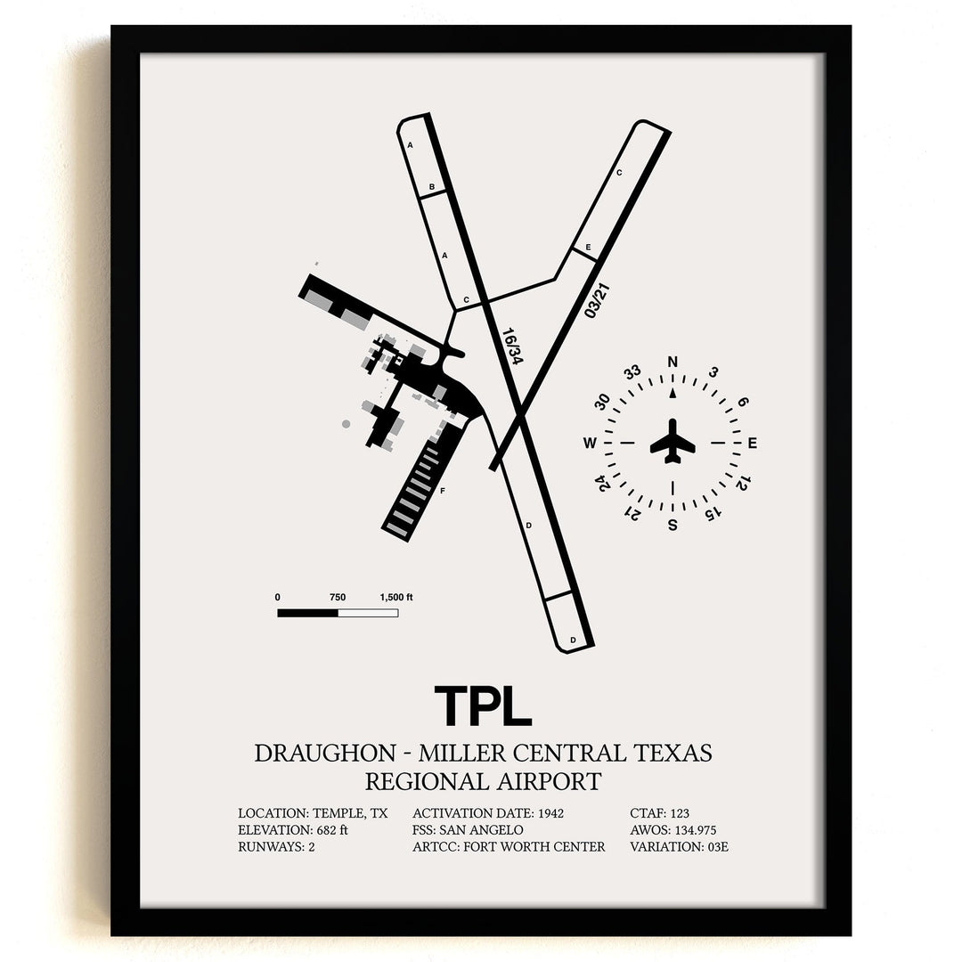 Framed Detailed Airport Map of Draughon-Miller Central Texas Regional Airport (TPL) in White with a Black Frame