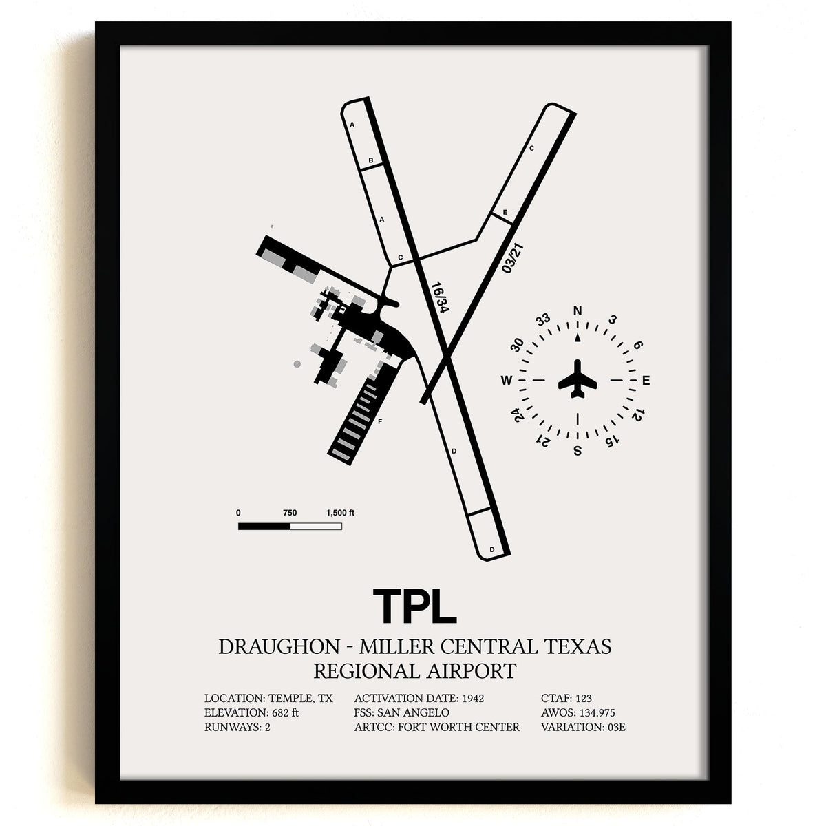 Framed Detailed Airport Map of Draughon-Miller Central Texas Regional Airport (TPL) in White with a Black Frame