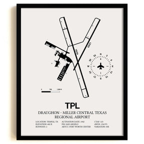 Framed Detailed Airport Map of Draughon-Miller Central Texas Regional Airport (TPL) in White with a Black Frame
