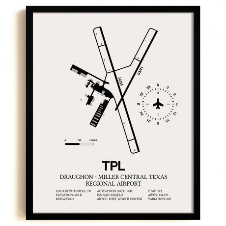 Framed Detailed Airport Map of Draughon-Miller Central Texas Regional Airport (TPL) in White with a Black Frame