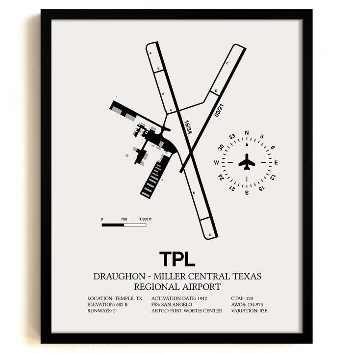 Framed Detailed Airport Map of Draughon-Miller Central Texas Regional Airport (TPL) in White with a Black Frame