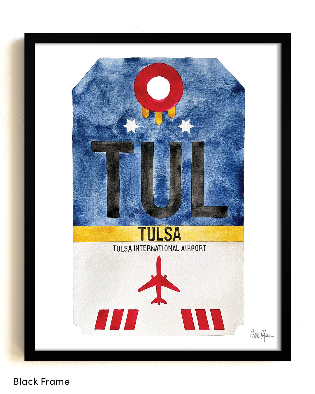 Framed Watercolor Print of Tulsa International Airport (TUL) with a Black Frame