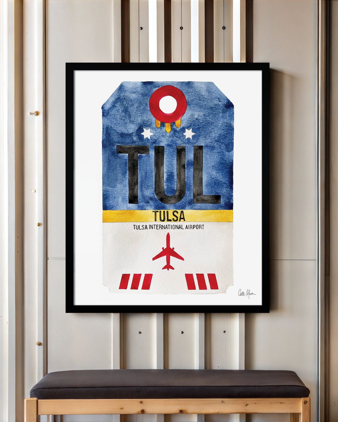 Framed Watercolor Print of Tulsa International Airport (TUL) with a Black Frame