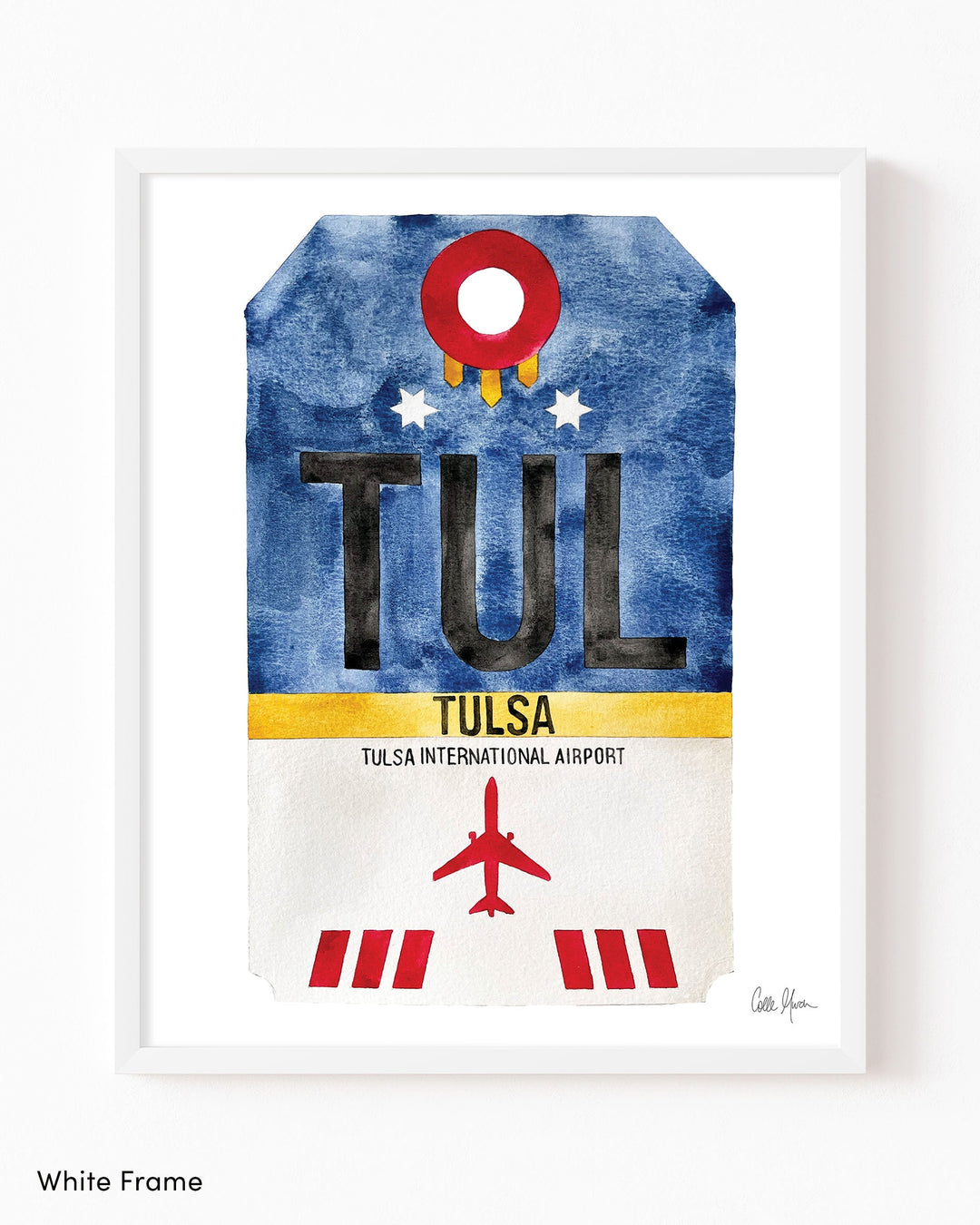 Framed Watercolor Print of Tulsa International Airport (TUL) with a White Frame