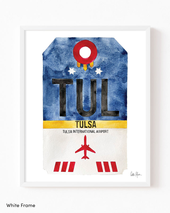 Framed Watercolor Print of Tulsa International Airport (TUL) with a White Frame