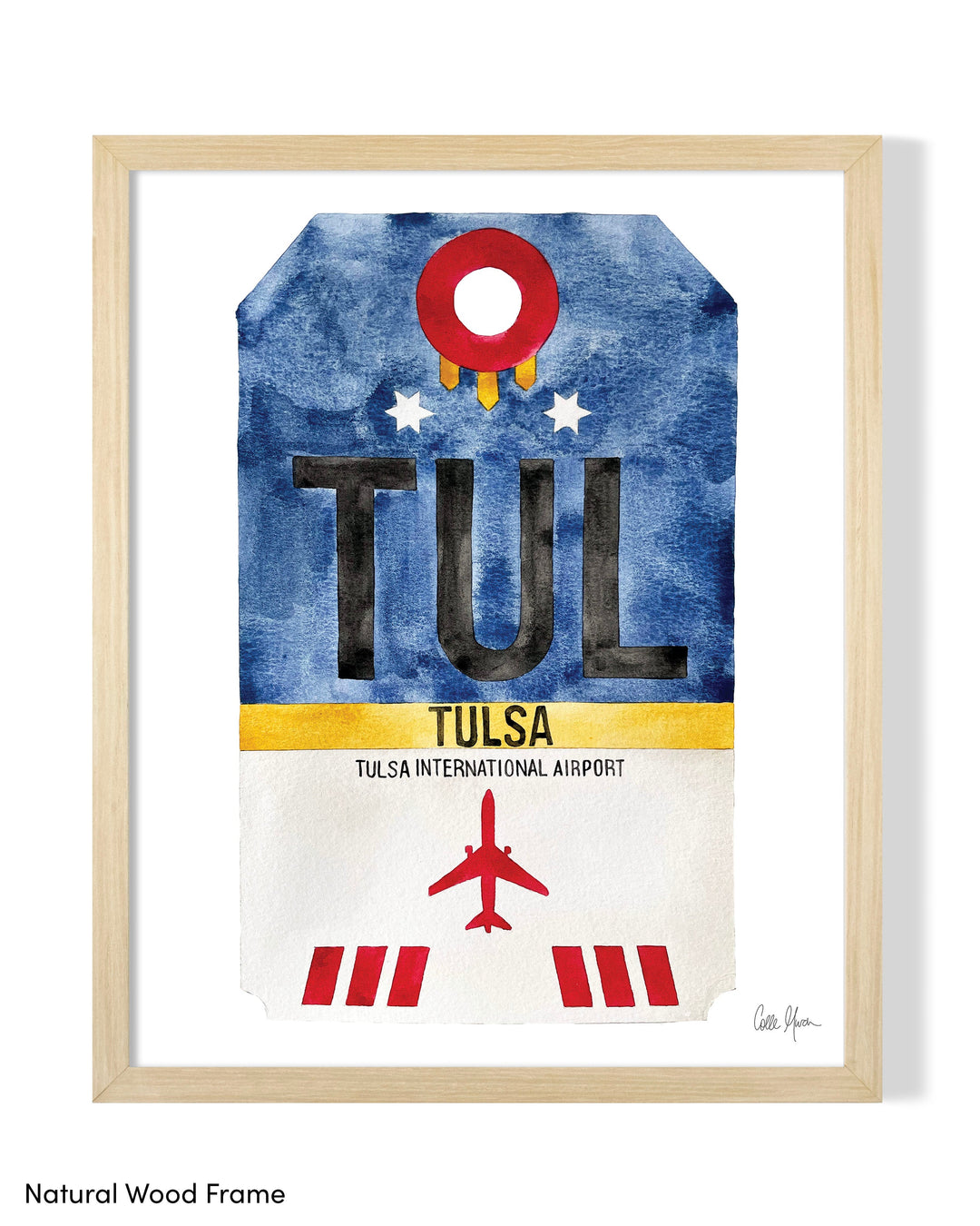 Framed Watercolor Print of Tulsa International Airport (TUL) with a Natural Wood Frame