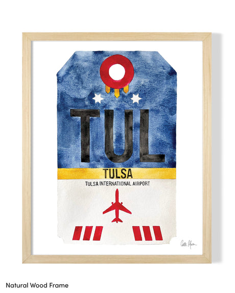 Framed Watercolor Print of Tulsa International Airport (TUL) with a Natural Wood Frame