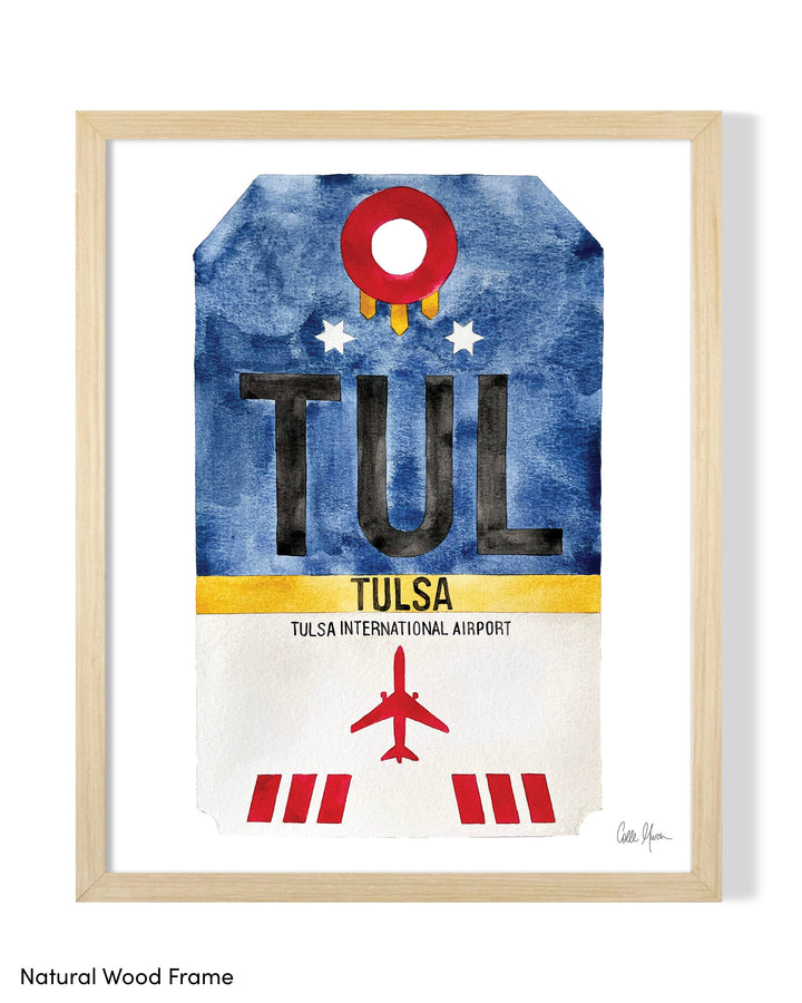 Framed Watercolor Print of Tulsa International Airport (TUL) with a Natural Wood Frame