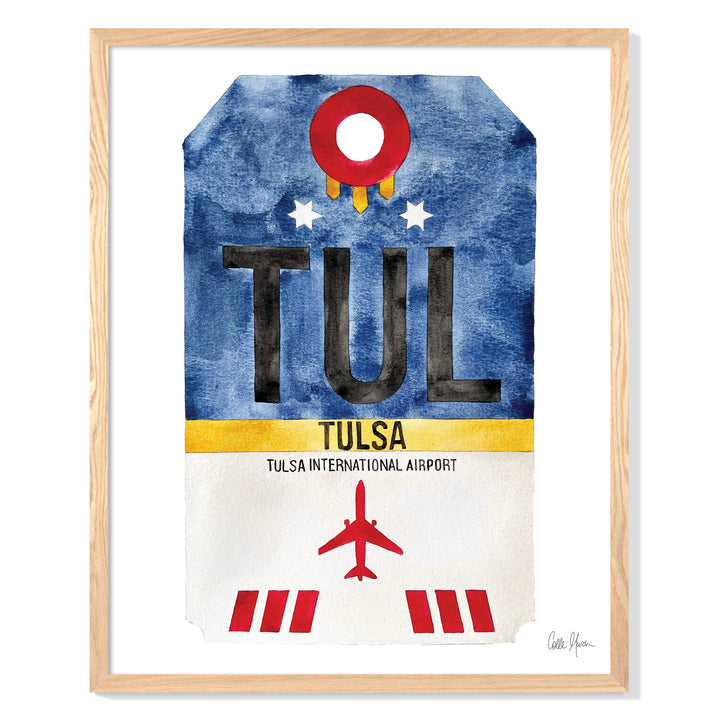 Framed Watercolor Print of Tulsa International Airport (TUL) with an Oak Frame