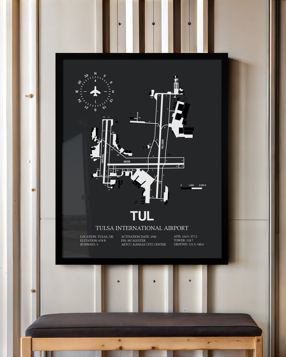Framed Detailed Airport Map of Tulsa International Airport (TUL) in Gray with a Black Frame