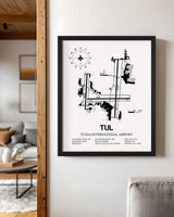 Framed Detailed Airport Map of Tulsa International Airport (TUL) in White with a Black Frame