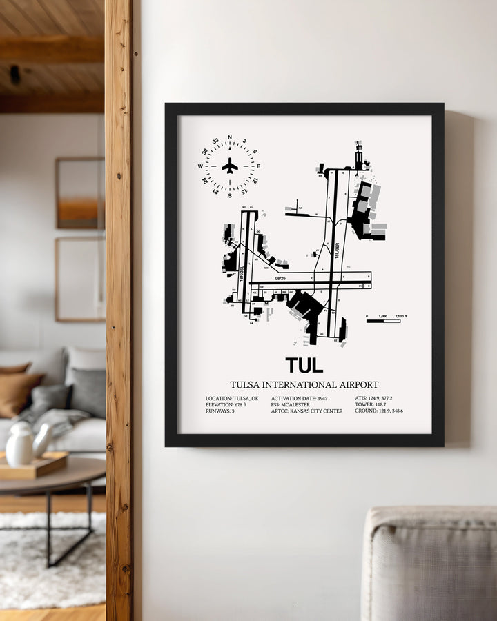 Framed Detailed Airport Map of Tulsa International Airport (TUL) in White with a Black Frame