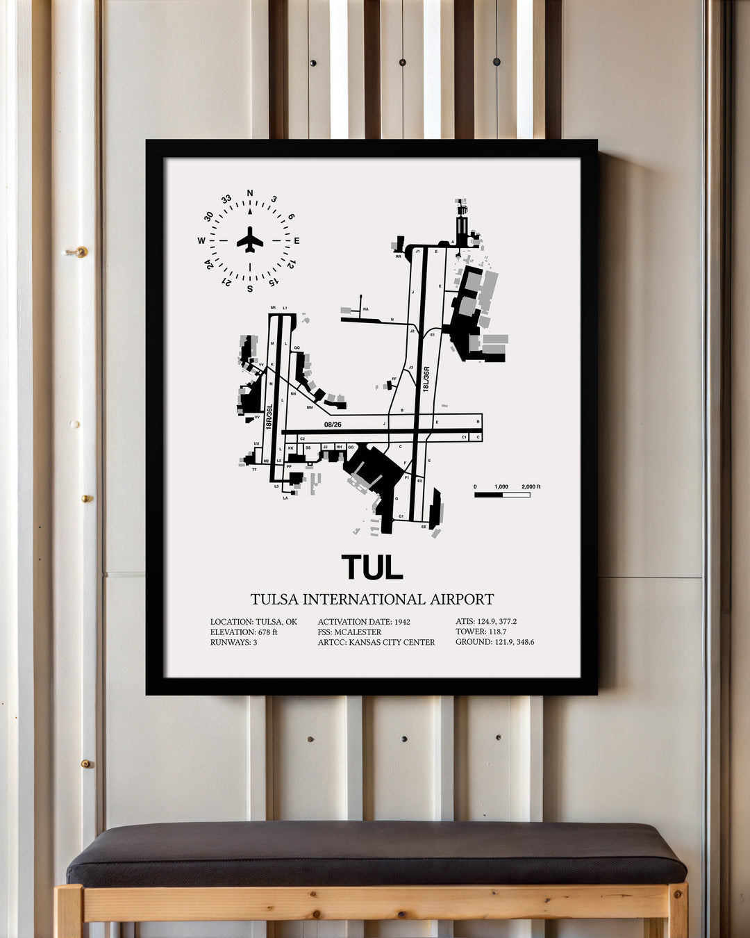 Framed Detailed Airport Map of Tulsa International Airport (TUL) in White with a Black Frame