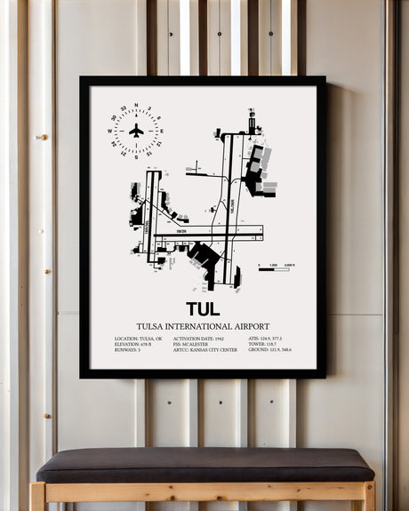Framed Detailed Airport Map of Tulsa International Airport (TUL) in White with a Black Frame