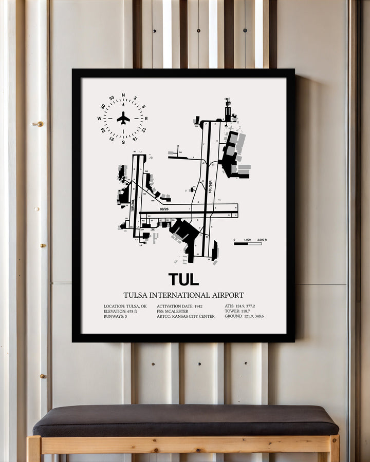 Framed Detailed Airport Map of Tulsa International Airport (TUL) in White with a Black Frame