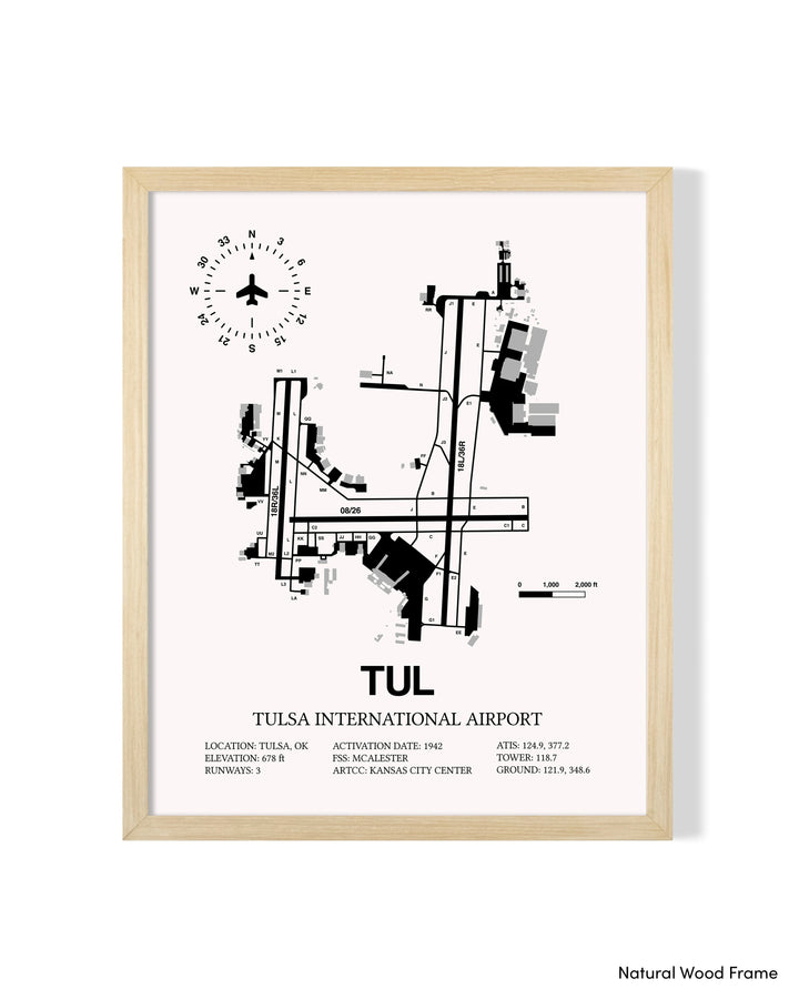 Detailed Airport Map of Tulsa International Airport (TUL) in White with a Natural Frame
