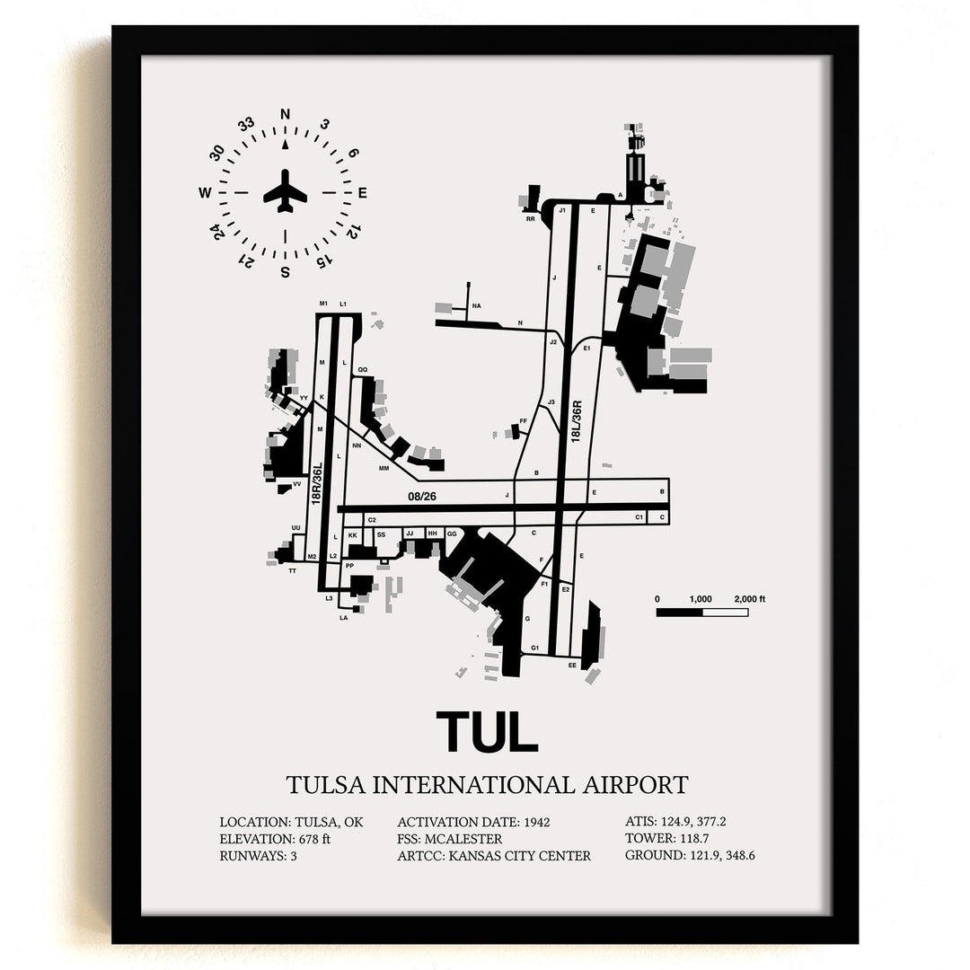 Framed Detailed Airport Map of Tulsa International Airport (TUL) in White with a Black Frame