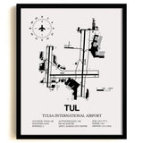 Framed Detailed Airport Map of Tulsa International Airport (TUL) in White with a Black Frame