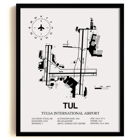 Framed Detailed Airport Map of Tulsa International Airport (TUL) in White with a Black Frame