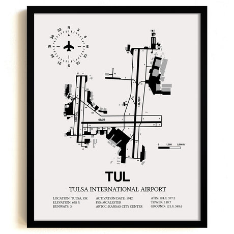 Framed Detailed Airport Map of Tulsa International Airport (TUL) in White with a Black Frame