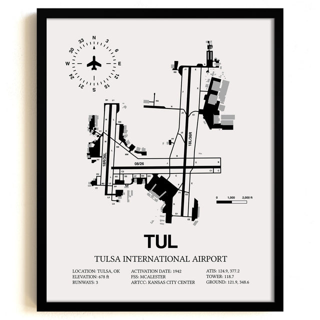Framed Detailed Airport Map of Tulsa International Airport (TUL) in White with a Black Frame