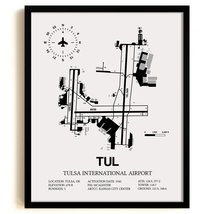 Framed Detailed Airport Map of Tulsa International Airport (TUL) in White with a Black Frame