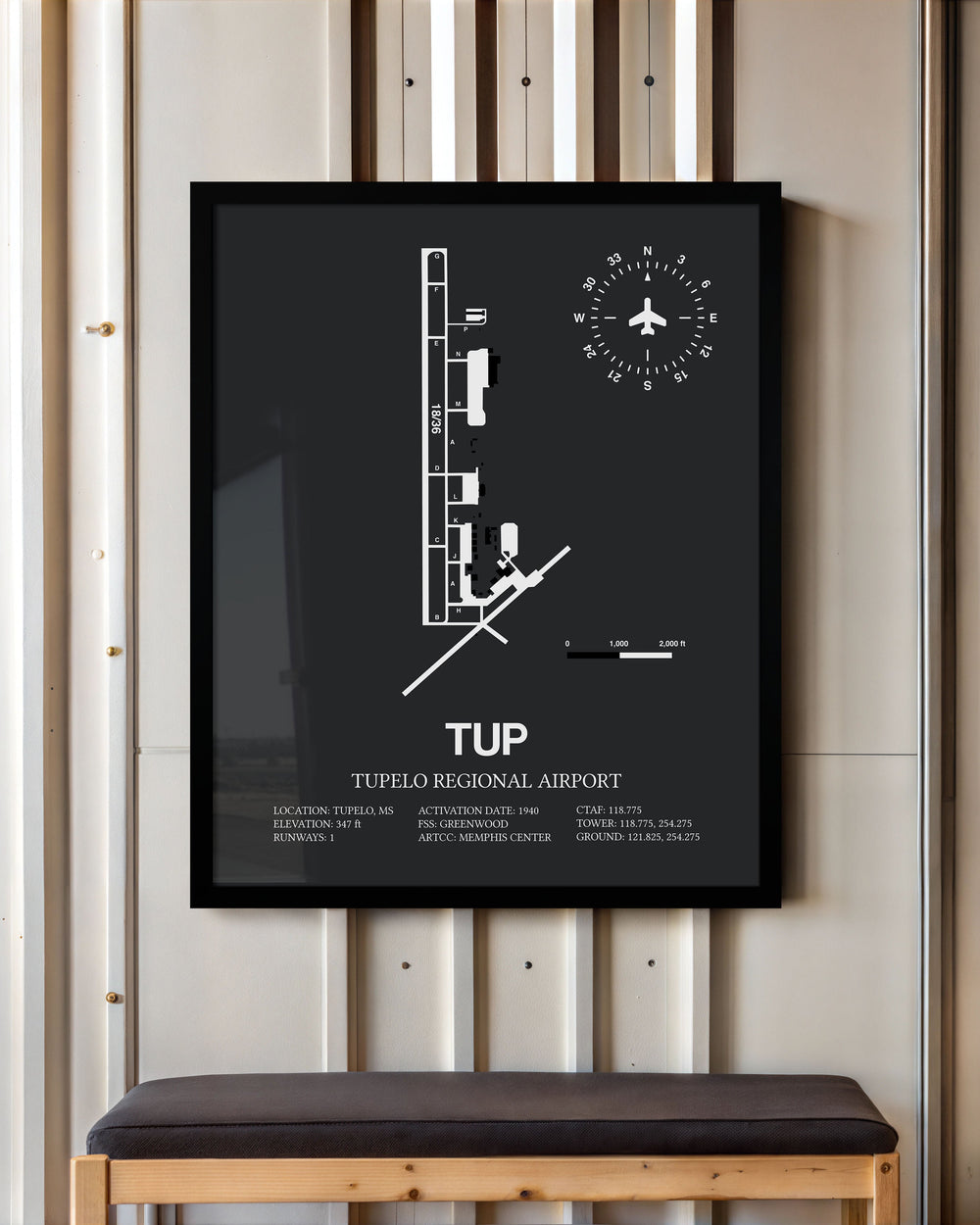 Framed Detailed Airport Map of Tupelo Regional Airport (TUP) in Gray with a Black Frame