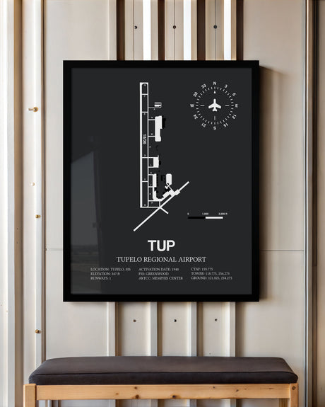 Framed Detailed Airport Map of Tupelo Regional Airport (TUP) in Gray with a Black Frame