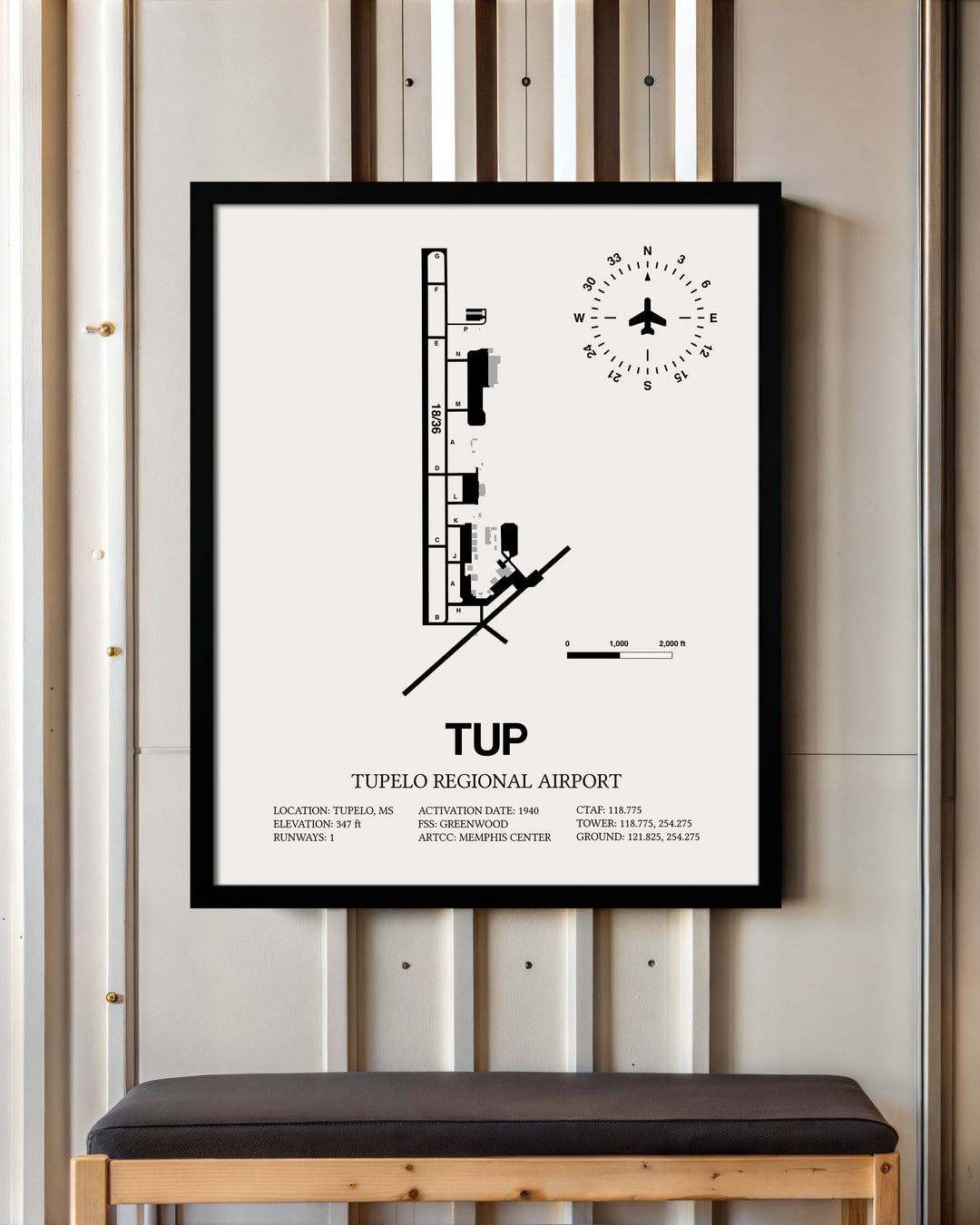 Framed Detailed Airport Map of Tupelo Regional Airport (TUP) in White with a Black Frame