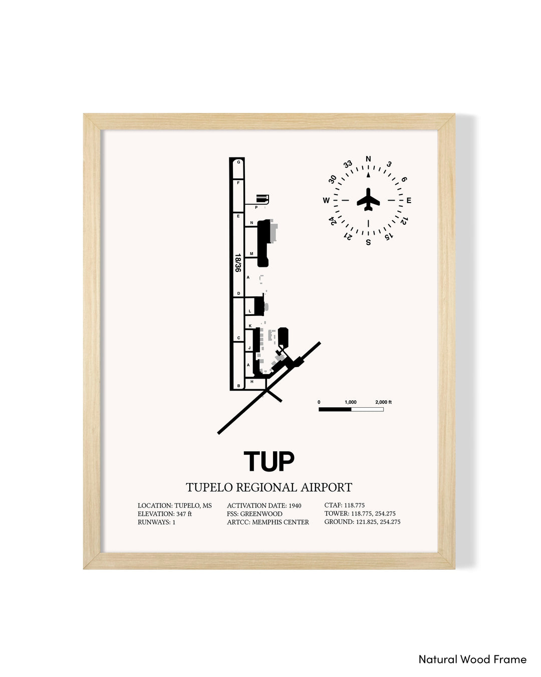 Detailed Airport Map of Tupelo Regional Airport (TUP) in White with a Natural Frame