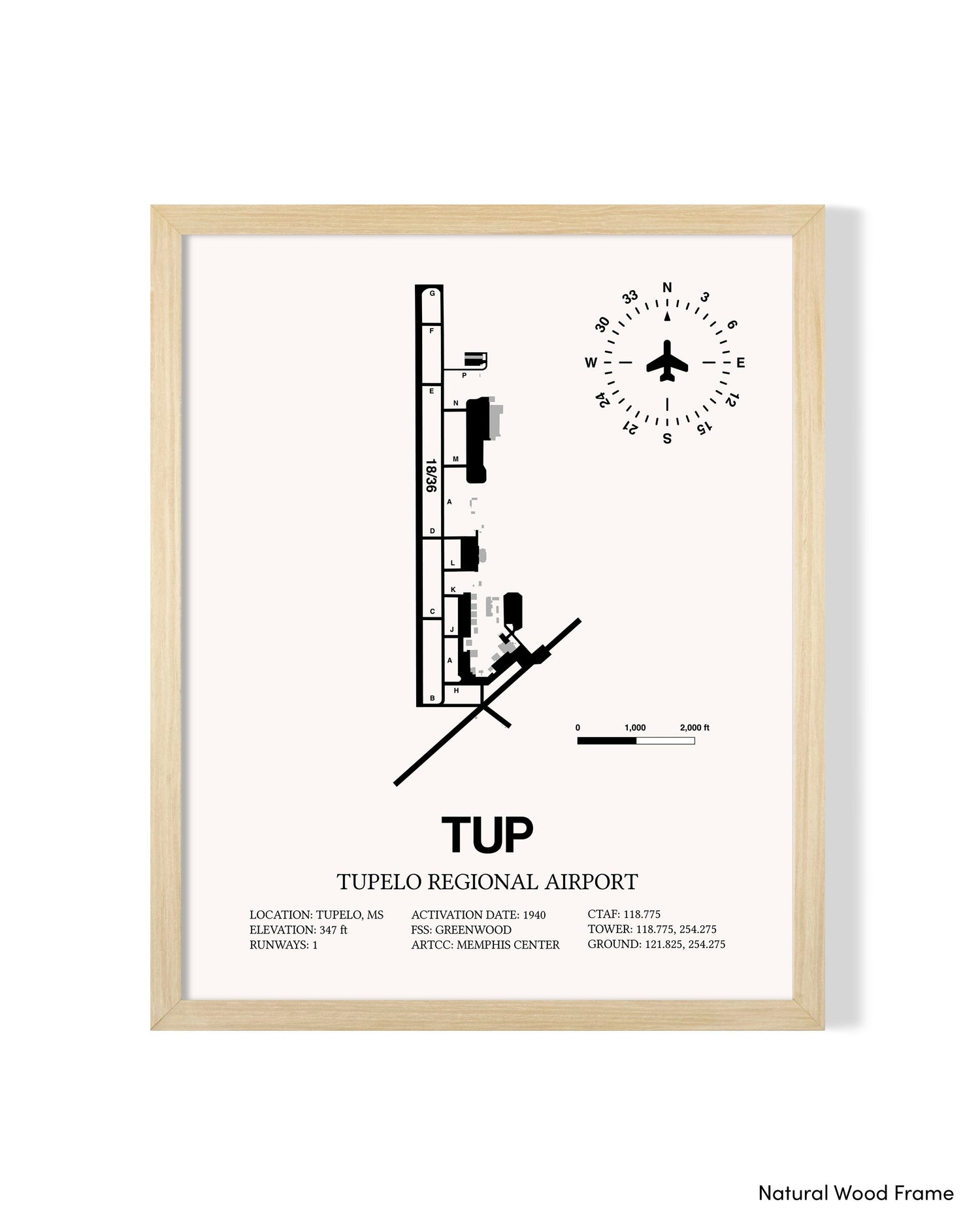 Detailed Airport Map of Tupelo Regional Airport (TUP) in White with a Natural Frame