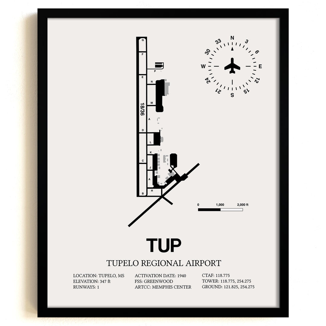 Framed Detailed Airport Map of Tupelo Regional Airport (TUP) in White with a Black Frame