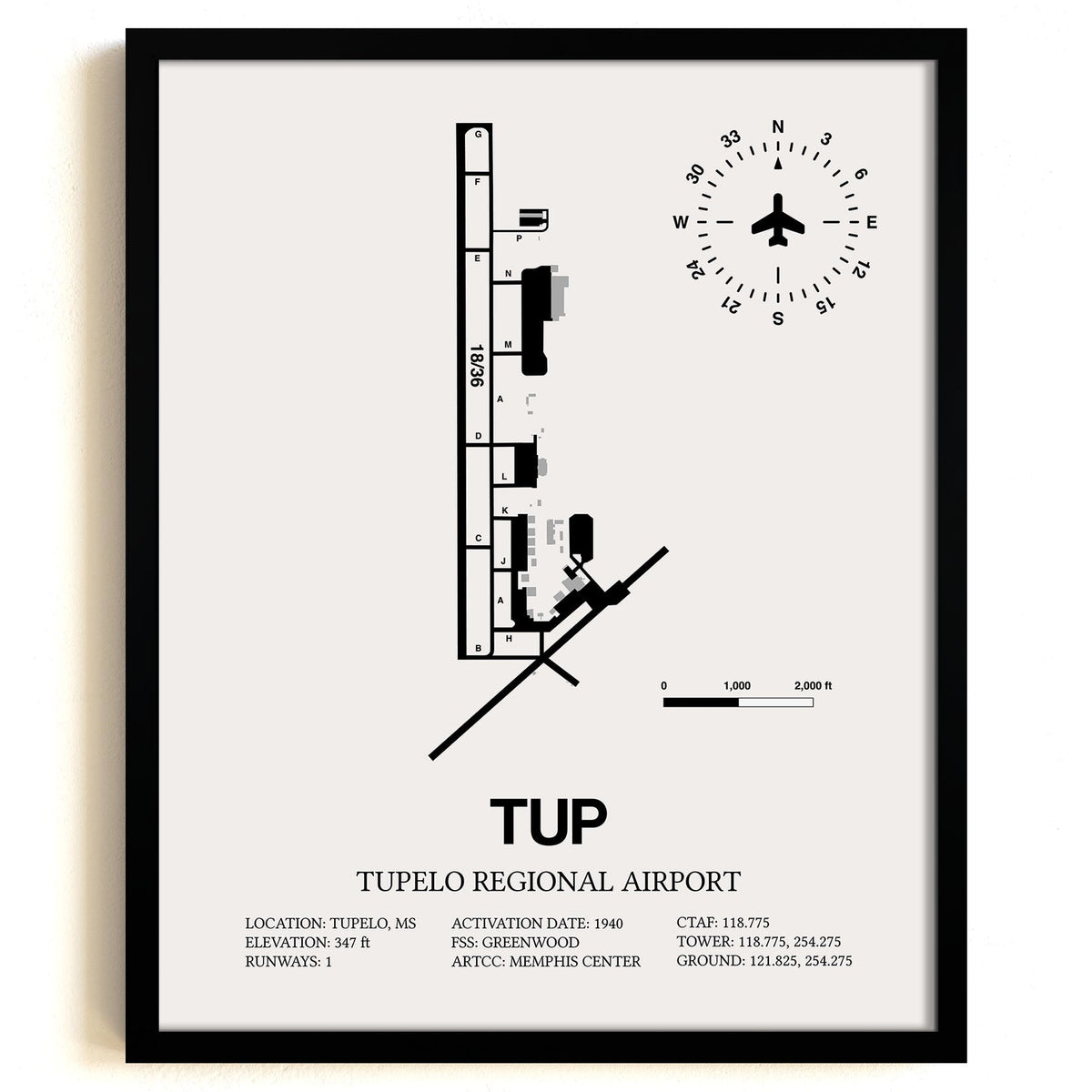 Framed Detailed Airport Map of Tupelo Regional Airport (TUP) in White with a Black Frame