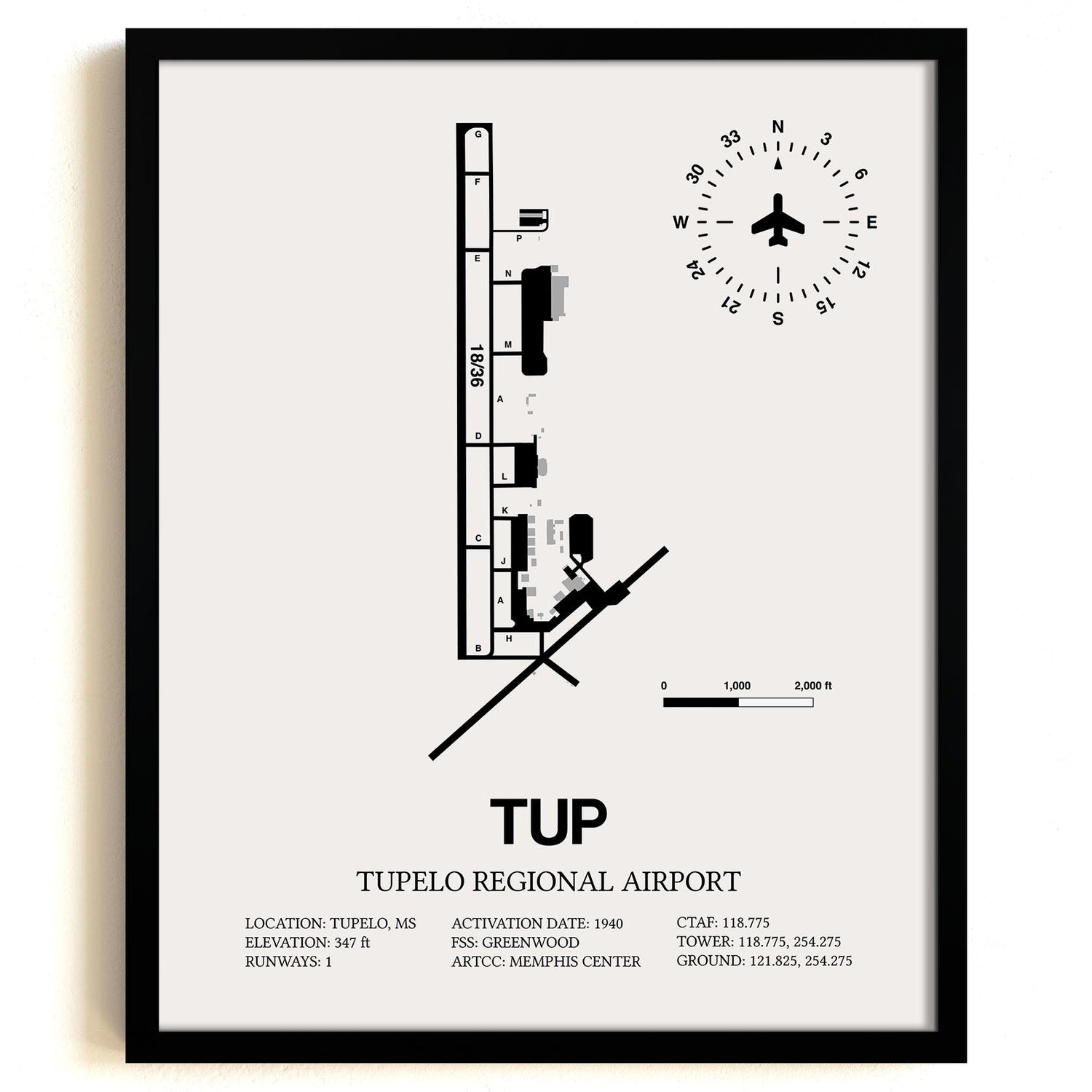 Framed Detailed Airport Map of Tupelo Regional Airport (TUP) in White with a Black Frame