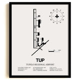 Framed Detailed Airport Map of Tupelo Regional Airport (TUP) in White with a Black Frame