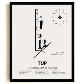 Framed Detailed Airport Map of Tupelo Regional Airport (TUP) in White with a Black Frame