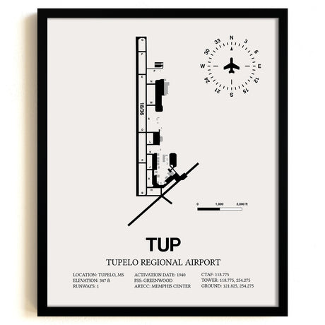 Framed Detailed Airport Map of Tupelo Regional Airport (TUP) in White with a Black Frame