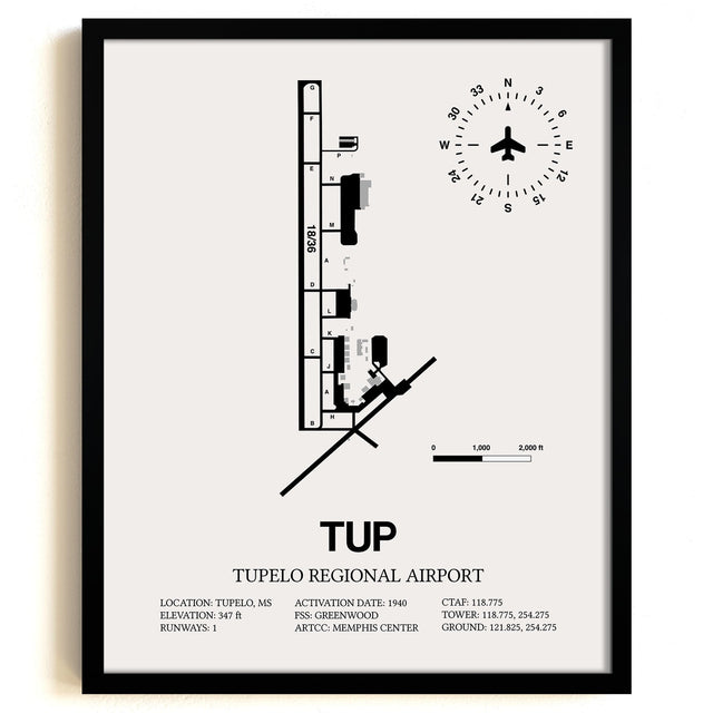 Framed Detailed Airport Map of Tupelo Regional Airport (TUP) in White with a Black Frame