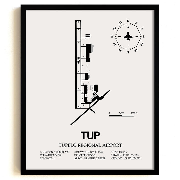 Framed Detailed Airport Map of Tupelo Regional Airport (TUP) in White with a Black Frame
